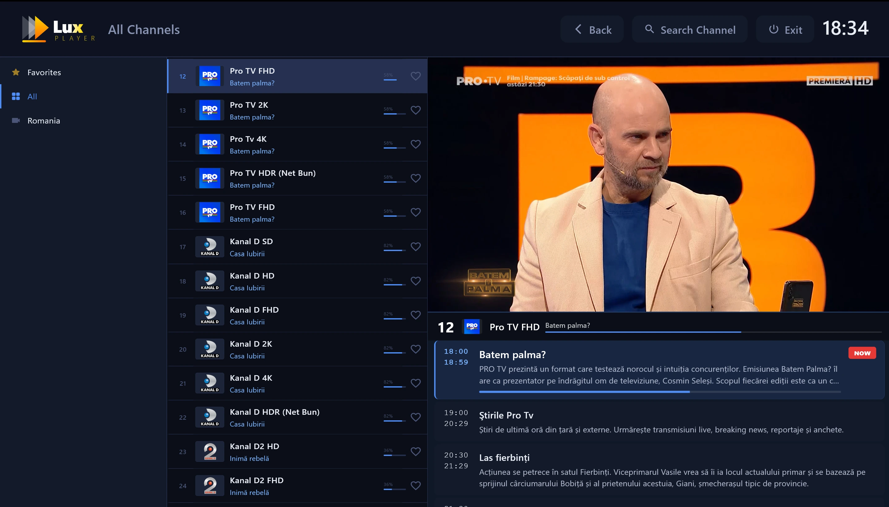 Lux Player Live TV: interfața canalelor și a programului TV